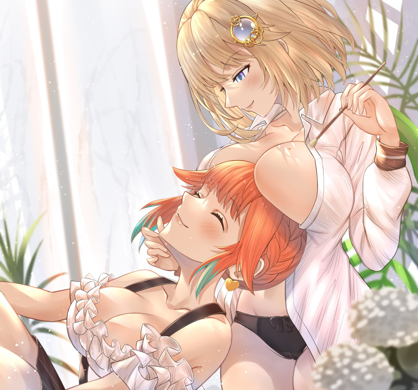 2girls absurdres bangs black_bow black_panties blonde_hair blue_eyes blush bow bow_panties braid breast_rest breasts breasts_on_head brush cameltoe cleavage closed_eyes collarbone dress earrings frilled_dress frills gradient_hair green_hair hair_ornament hand_on_another's_chin heart heart_earrings highres holding holding_brush hololive hololive_english honkivampy jewelry large_breasts long_sleeves looking_at_another looking_down medium_hair mole mole_on_breast monocle_hair_ornament multicolored_hair multiple_girls open_clothes open_shirt orange_hair panties shirt smile takanashi_kiara underwear virtual_youtuber watson_amelia white_shirt yuri