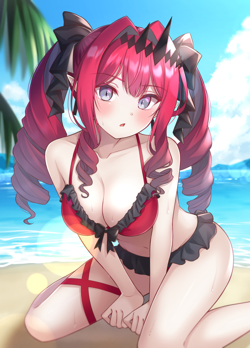 1girl absurdres bangs bare_shoulders beach bikini blue_sky blush breasts cleavage collarbone curly_hair drill_hair earrings fairy_knight_tristan_(fate) fate/grand_order fate_(series) grey_eyes highres hoshino_reiji jewelry large_breasts long_hair looking_at_viewer navel ocean open_mouth pink_hair pointy_ears red_bikini shore sidelocks sitting sky solo swimsuit thighs tiara twin_drills twintails wariza