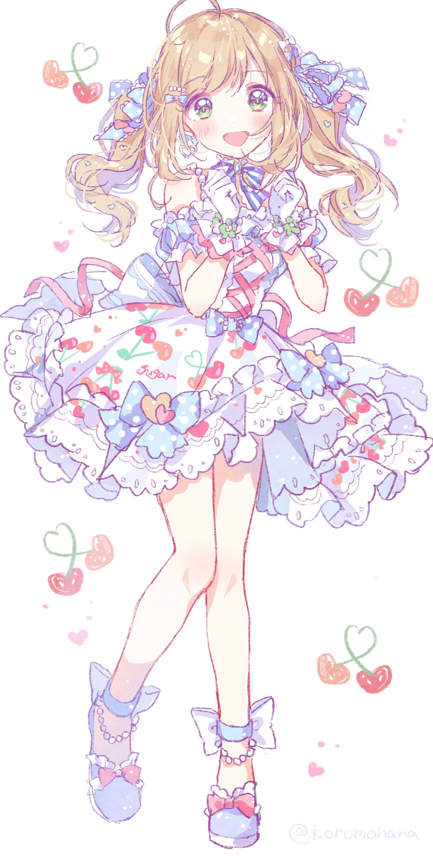1girl absurdres ahoge blonde_hair blush cherry_print clenched_hands cross-laced_dress dress food_print frilled_sleeves frills full_body gloves green_hair hair_ribbon hanai_yuyu heart highres idol idolmaster idolmaster_cinderella_girls looking_at_viewer neck_ribbon patterned_background print_dress ribbon sato_shin smile solo twintails wavy_hair white_gloves