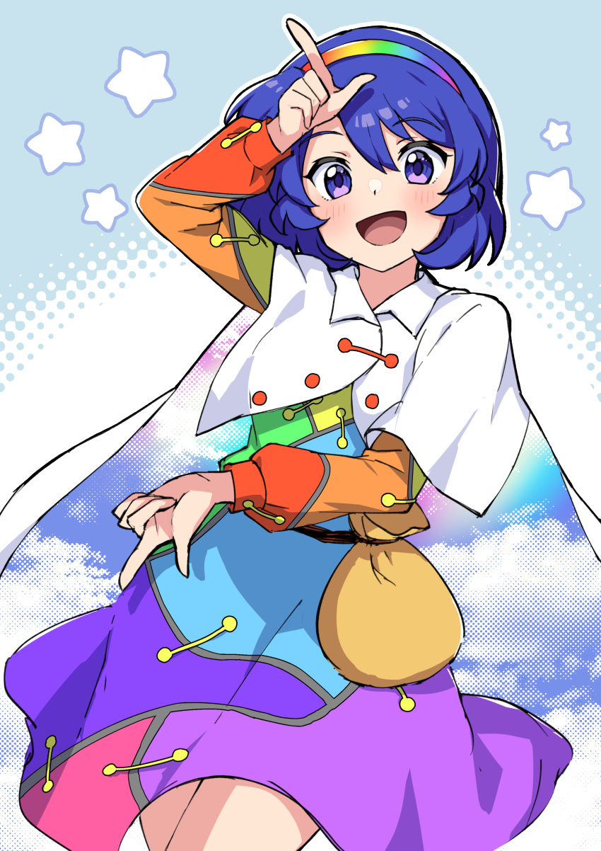 1girl absurdres blue_eyes blue_hair blush cloak cowboy_shot dress hair_between_eyes hairband highres long_sleeves miz_(mizillustration) multicolored_clothes multicolored_dress multicolored_hairband open_mouth patchwork_clothes rainbow_gradient short_hair sky_print smile solo star_(symbol) tenkyuu_chimata touhou white_cloak