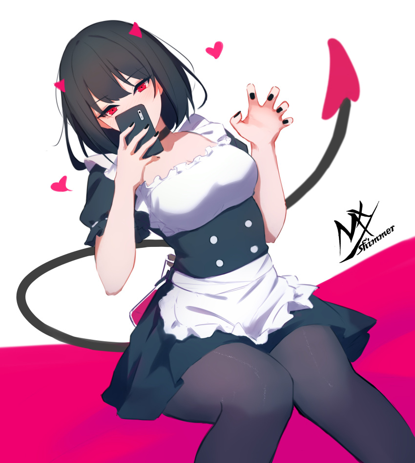 1girl absurdres apron artist_logo black-haired_demon_girl_(shimmer) black_choker black_dress black_hair black_nails black_pantyhose breasts cellphone choker claw_pose commentary covered_mouth demon_girl demon_horns demon_tail dress highres holding holding_phone horns invisible_chair light_blush looking_at_viewer maid maid_apron original phone pink_background red_eyes selfie shimmer short_hair sitting small_breasts smartphone solo symbol-only_commentary tail taking_picture two-tone_background two-tone_dress white_background white_dress