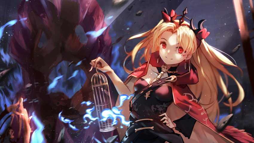 bangs birdcage black_headwear black_leotard black_skirt black_tiara blonde_hair bow cage capelet collarbone earrings ereshkigal_(fate) faicha fate/grand_order fate_(series) hair_bow highres holding holding_cage jewelry leotard leotard_under_clothes long_hair parted_bangs red_bow red_capelet red_eyes skirt strapless strapless_leotard tiara two_side_up