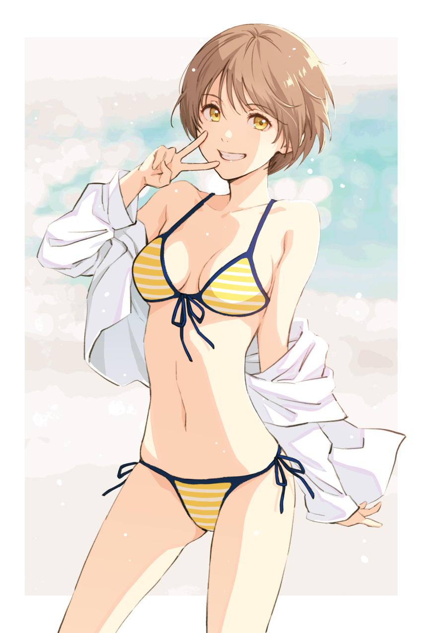 1girl bikini breasts brown_hair commentary_request cowboy_shot front-tie_top grin highres hood hooded_jacket hoodie jacket looking_at_viewer medium_breasts navel nonaka_nono open_clothes open_jacket original short_hair side-tie_bikini smile solo standing stomach_day striped striped_bikini swimsuit v white_jacket yellow_bikini yellow_eyes