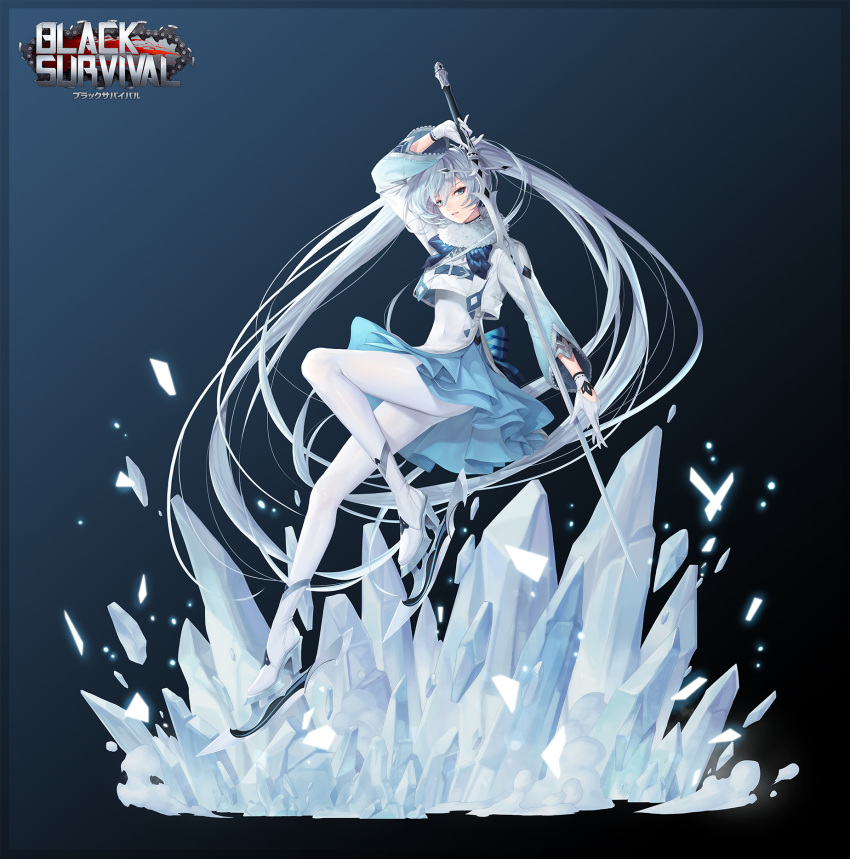 1girl arm_up artist_request bangs black_survival blue_eyes blue_hair copyright_name elena_(black_survival) full_body gloves hair_between_eyes highres holding holding_sword holding_weapon ice_skates long_hair looking_at_viewer parted_lips skates solo sword twintails weapon white_gloves white_legwear
