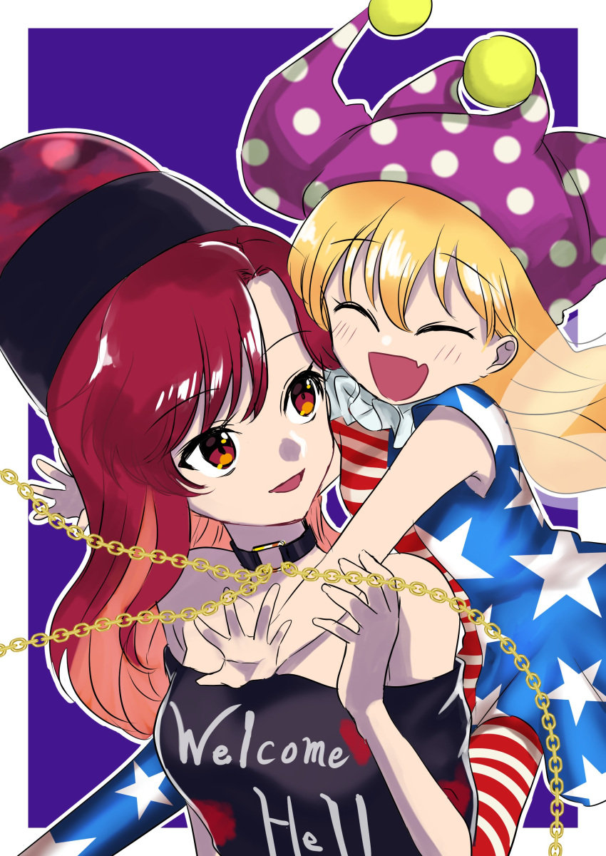 2girls absurdres alternate_hair_color american_flag_dress american_flag_pants arms_up bangs bare_shoulders black_choker black_headwear black_shirt blush border breasts chain choker closed_eyes clownpiece collarbone commentary_request dress fairy_wings fang flying gold_chain hair_between_eyes hand_up hands_up happy hat heart heart_print hecatia_lapislazuli highres jester_cap long_hair looking_at_another looking_back medium_breasts medium_hair multiple_girls neck_ruff off-shoulder_shirt off_shoulder one-hour_drawing_challenge open_mouth orange_hair outside_border pants polka_dot polos_crown purple_background purple_headwear red_eyes red_hair salmontiger02 shirt short_sleeves simple_background smile standing star_(symbol) star_print striped striped_dress striped_pants t-shirt touhou underworld_(ornament) white_border wings