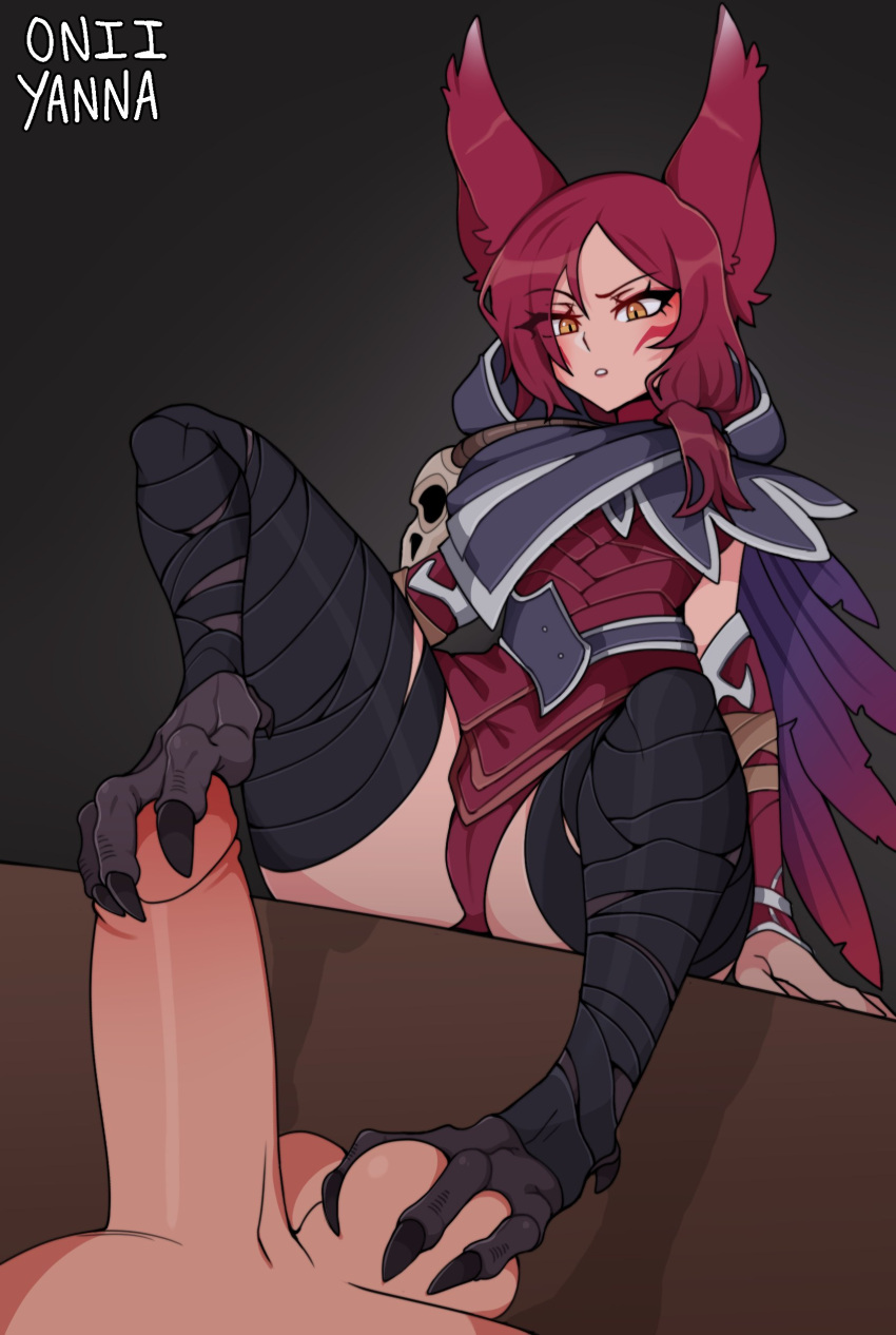 absurd_res ball_fondling ball_grab balls bird_feet clothing dominant dominant_female duo feet female fondling foot_fetish genitals hi_res humanoid league_of_legends legwear male male/female oniiyanna riot_games talons thigh_highs video_games xayah_(lol)