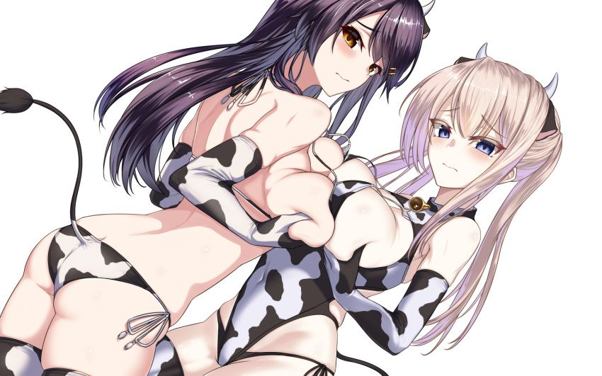 2girls animal_ears animal_print ass bikini black_hair blue_eyes breast_press breasts brown_eyes casual_one-piece_swimsuit commentary_request cow_ears cow_horns cow_print cow_tail cowboy_shot dutch_angle elbow_gloves fake_animal_ears fake_horns gloves graf_zeppelin_(kancolle) hair_ornament hairclip haruna_(kancolle) highres horns kantai_collection large_breasts long_hair multiple_girls one-piece_swimsuit side-tie_bikini simple_background swimsuit symmetrical_docking tail utsumi_karmin white_background white_bikini white_gloves white_hair white_swimsuit