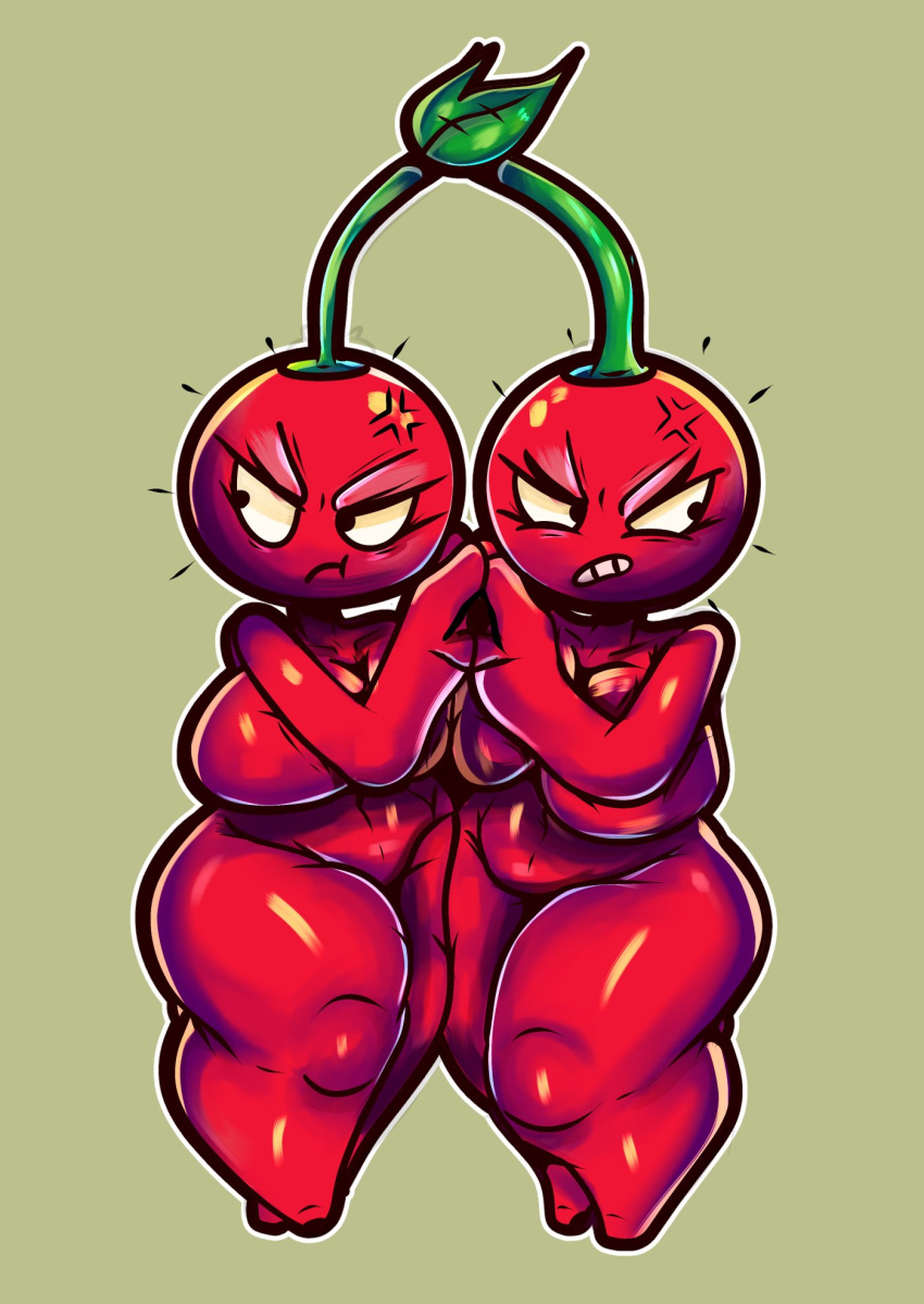 angry big_breasts breast_squish breasts cherry cherry_bomb_(pvz) clenched_teeth cross-popping_vein duo electronic_arts elemental_creature elemental_humanoid featureless_feet female flora_fauna food frown fruit green_background hand_holding hi_res humanoid leaf navel nude plant plant_humanoid plants_vs._zombies popcap_games pouting red_body short_stack sibling simple_background sketchylimesliv squish teeth thick_thighs twins video_games wide_hips