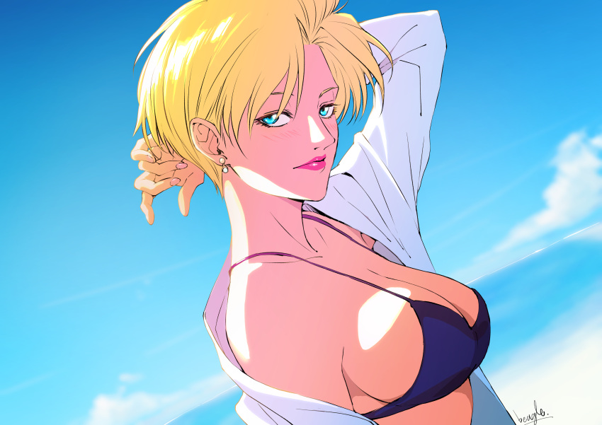 1girl absurdres beagle47400590 blonde_hair blue_bra blue_eyes bra breasts cloud earrings highres jewelry king_(snk) large_breasts lipstick looking_at_viewer makeup open_clothes open_shirt ryuuko_no_ken shirt short_hair signature sky the_king_of_fighters underwear white_shirt