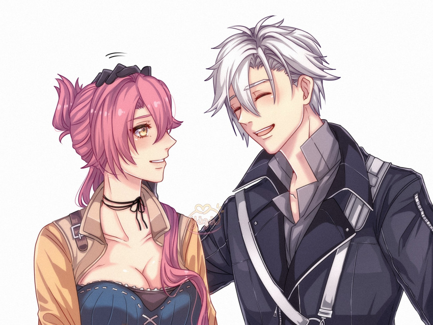 1boy 1girl blush breasts cleavage cleavage_cutout closed_eyes clothing_cutout eiyuu_densetsu embarrassed gloves headpat highres jacket large_breasts pink_hair rean_schwarzer sara_valestein sen_no_kiseki sen_no_kiseki_iv simple_background smile white_background white_hair yellow_eyes yuzukiyo