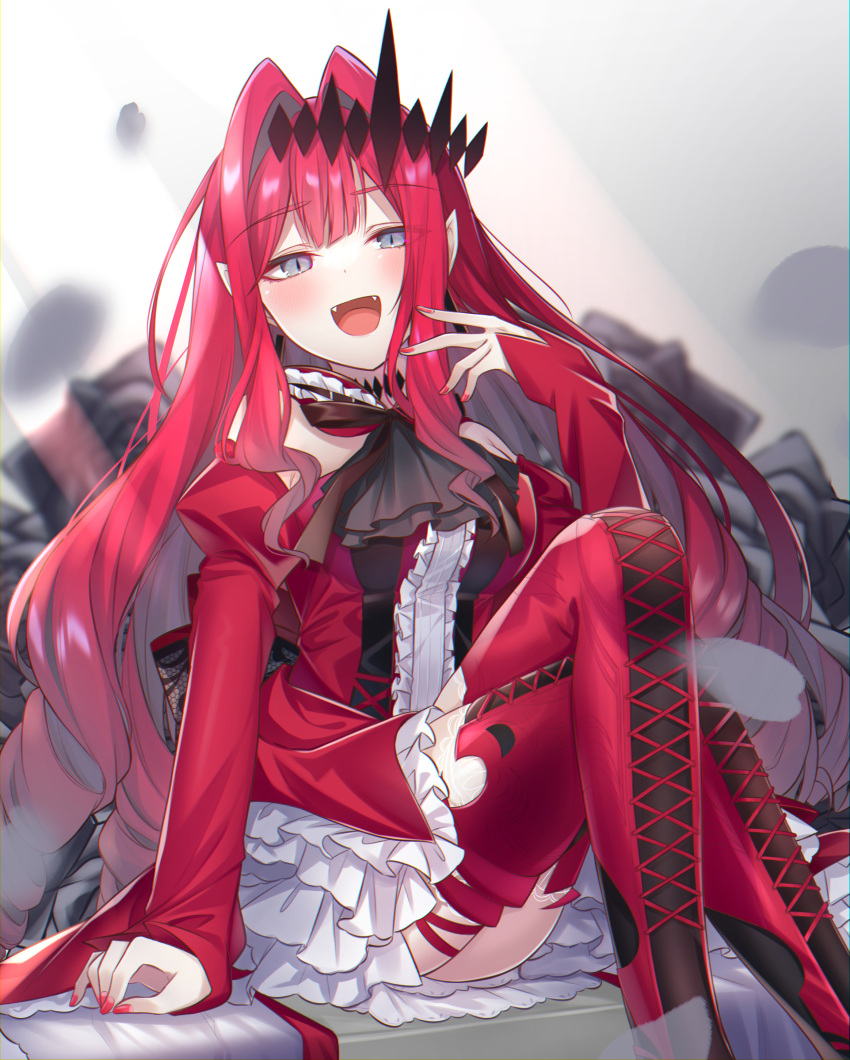 1girl absurdres bangs bare_shoulders boots breasts center_frills crossed_legs detached_collar detached_sleeves dress earrings fairy_knight_tristan_(fate) fate/grand_order fate_(series) frills grey_eyes highres hoshino_reiji jewelry large_breasts long_hair looking_at_viewer open_mouth pink_hair pointy_ears red_dress red_footwear sidelocks sitting smile solo thigh_boots thighs tiara