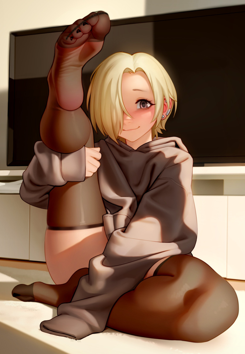 1girl absurdres bangs black_hoodie black_nails blonde_hair blush brown_eyes brown_thighhighs closed_mouth commentary ear_piercing earclip feet full_body grey_hoodie hair_over_one_eye highres hood hood_down hoodie idolmaster idolmaster_cinderella_girls kairunoburogu leg_up long_sleeves looking_at_viewer nail_polish no_shoes one_eye_covered piercing see-through see-through_legwear shirasaka_koume short_hair simple_background sitting sleeves_past_fingers sleeves_past_wrists smile soles solo thighhighs toenail_polish toenails toes