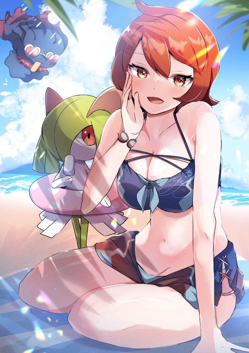 1girl :d alternate_costume arezu_(pokemon) bangs beach bikini breasts commentary_request cowlick food herunia_kokuoji highres kirlia looking_at_viewer misdreavus open_mouth pokemon pokemon_(creature) pokemon_(game) pokemon_legends:_arceus popsicle red_eyes red_hair short_hair smile sunglasses swimsuit