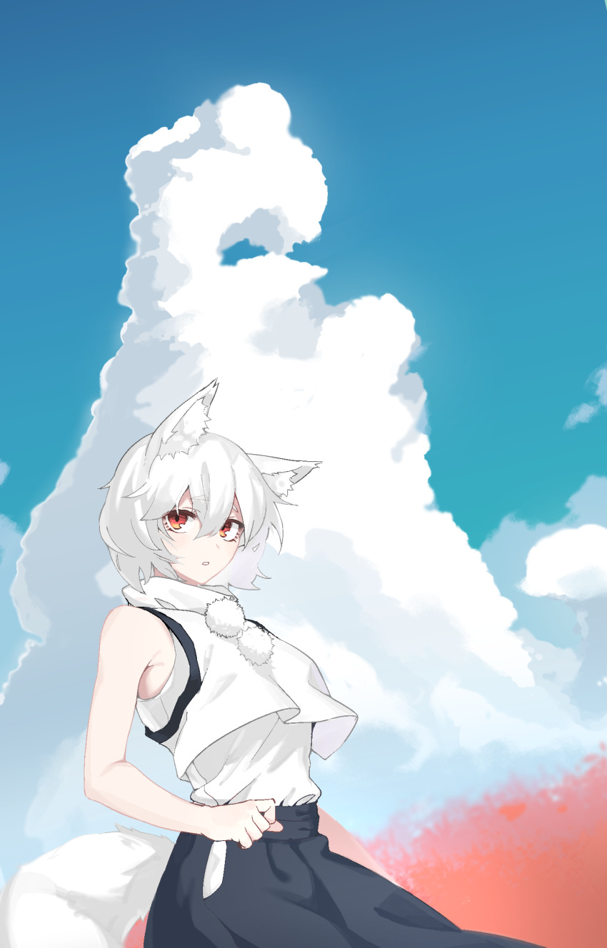 1641_(chfhrtor94) 1girl animal_ear_fluff animal_ears bangs black_skirt clenched_hand cloud cloudy_sky commentary cowboy_shot day hair_between_eyes highres inubashiri_momiji looking_at_viewer no_hat no_headwear orange_eyes parted_lips pom_pom_(clothes) shirt short_hair sideways_glance skirt sky sleeveless sleeveless_shirt solo tail touhou turtleneck vest white_hair white_shirt white_vest wolf_ears wolf_girl wolf_tail