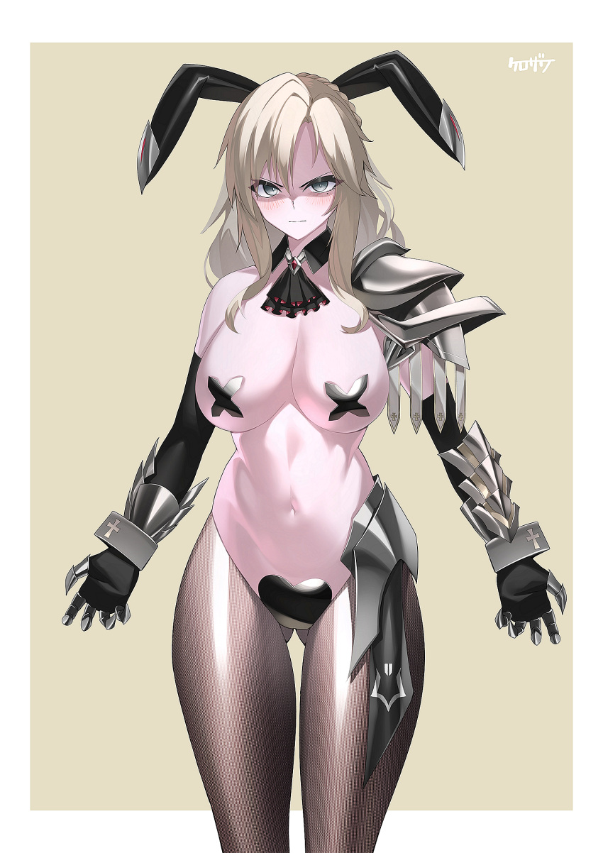 1girl absurdres animal_ears armor ascot bangs black_gloves blush breasts brown_legwear covered_nipples detached_collar elbow_gloves fate/grand_order fate_(series) faulds gauntlets gloves grey_eyes heart_maebari highres kriemhild_(fate) kurozawa_yui large_breasts long_hair looking_at_viewer maebari meme_attire mole mole_under_eye navel pasties pauldrons rabbit_ears revealing_clothes reverse_bunnysuit reverse_outfit shoulder_armor single_pauldron solo thighs white_hair wrist_cuffs