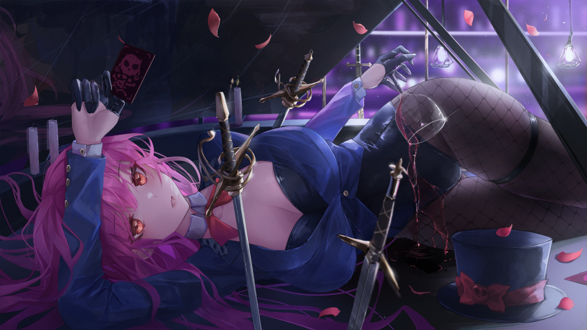 1girl alcohol bangs black_gloves black_legwear black_leotard breasts cleavage fishnet_legwear fishnets glass gloves highres hololive hololive_english large_breasts leotard long_hair long_sleeves looking_at_viewer lying mori_calliope on_side pantyhose parted_lips petals pink_hair red_eyes solo spilling sword thigh_strap thighs turbulence virtual_youtuber weapon wine