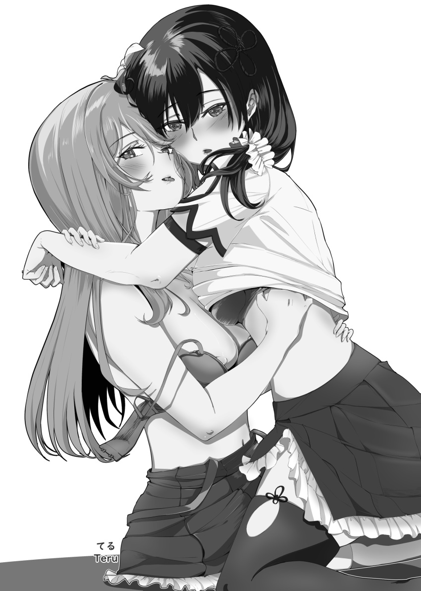 2girls absurdres arm_cutout arms_around_neck artist_name assault_lily bangs bare_arms bare_shoulders blush bra breasts cleavage clothes_lift clothing_cutout commentary_request fingernails flower frilled_skirt frills from_side girl_on_top greyscale hair_between_eyes hair_flower hair_ornament hair_over_shoulder hair_scrunchie hand_on_another's_back hand_on_own_arm hand_under_clothes hand_under_shirt heads_together highres kuo_shenlin light_smile long_hair looking_at_viewer looking_to_the_side medium_breasts miniskirt monochrome mouth_hold multiple_girls navel nipple_slip nipples no_shirt open_bra parted_lips pill pleated_skirt school_uniform scrunchie shirt shirt_lift short_sleeves sideways_glance simple_background sitting sitting_on_lap sitting_on_person skirt stomach strap_slip suspender_skirt suspenders suspenders_slip teru_(kai_teru_) thighhighs underwear unfastened wang_yujia white_background yuri yurigaoka_girls_academy_school_uniform