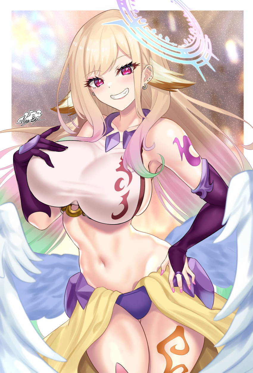 1girl absurdres angel_wings bangs barbell_piercing bare_shoulders blonde_hair blush breasts bridal_gauntlets collarbone commentary commission cosplay cowboy_shot crop_top ear_piercing feathered_wings gloves gradient_hair grin groin halo hand_on_hip hand_on_own_chest highres industrial_piercing jibril_(no_game_no_life) jibril_(no_game_no_life)_(cosplay) kitagawa_marin large_breasts long_hair looking_at_viewer low_wings midriff multicolored_hair navel nez-box no_game_no_life panties piercing pink_nails purple_gloves purple_panties red_eyes shirt sideboob sidelocks signature single_bridal_gauntlet single_glove sleeveless sleeveless_shirt smile solo sono_bisque_doll_wa_koi_wo_suru swept_bangs tattoo taut_clothes taut_shirt teeth underwear waistcoat white_shirt white_wings wing_ears wings