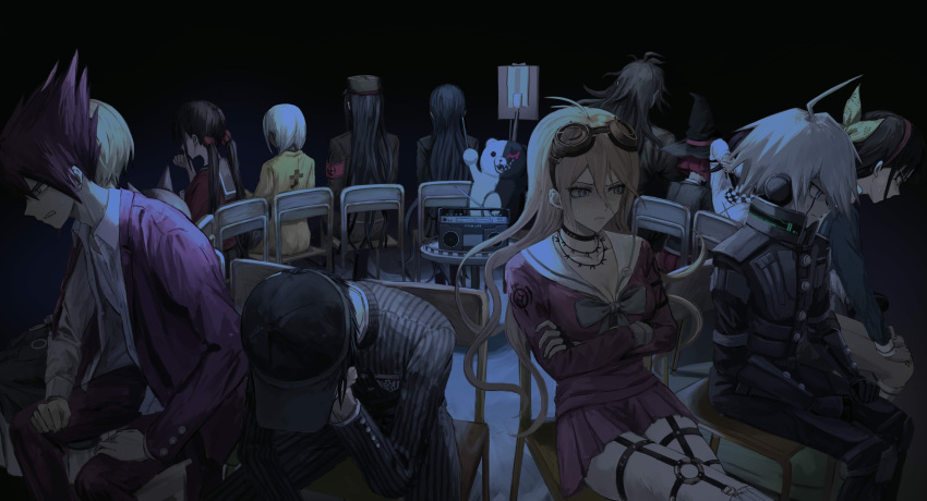 6+boys 6+girls ahoge akamatsu_kaede amami_rantarou antenna_hair bangs barbed_wire black_background black_choker black_hair black_headwear black_jacket black_pants blonde_hair blue_hair breasts buttons chabashira_tenko chair choker cleavage clenched_teeth collared_shirt danganronpa_(series) danganronpa_v3:_killing_harmony goggles goggles_on_head gokuhara_gonta gradient gradient_background green_headwear green_jacket green_pants grey_hair hair_between_eyes hair_ornament hair_scrunchie harukawa_maki hat highres hoshi_ryouma iruma_miu iumi_urura jacket keebo kneehighs large_breasts long_hair low_twintails messy_hair miniskirt momota_kaito monokuma multiple_boys multiple_girls o-ring open_clothes open_shirt ouma_kokichi pants pink_jacket pink_pants pink_shirt pink_skirt power_armor radio red_hair red_scrunchie saihara_shuuichi scrunchie shinguuji_korekiyo shirogane_tsumugi shirt short_hair simple_background sitting skirt spiked_hair striped striped_jacket striped_pants teeth toujou_kirumi twintails white_kneehighs witch_hat yellow_jacket yonaga_angie yumeno_himiko