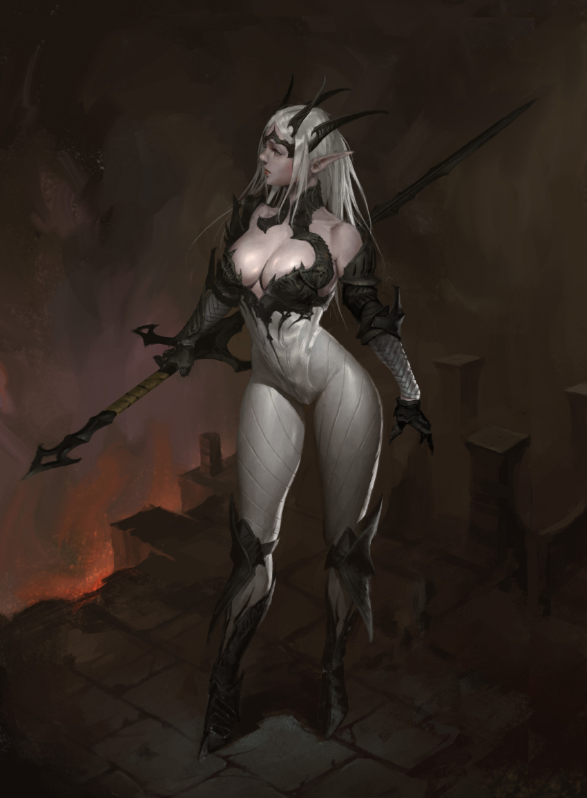 1girl absurdres bangku_an bodysuit breasts cleavage concept_art high_heels highres holding holding_weapon horns looking_to_the_side medium_breasts original pointy_ears solo standing sword weapon white_bodysuit white_hair