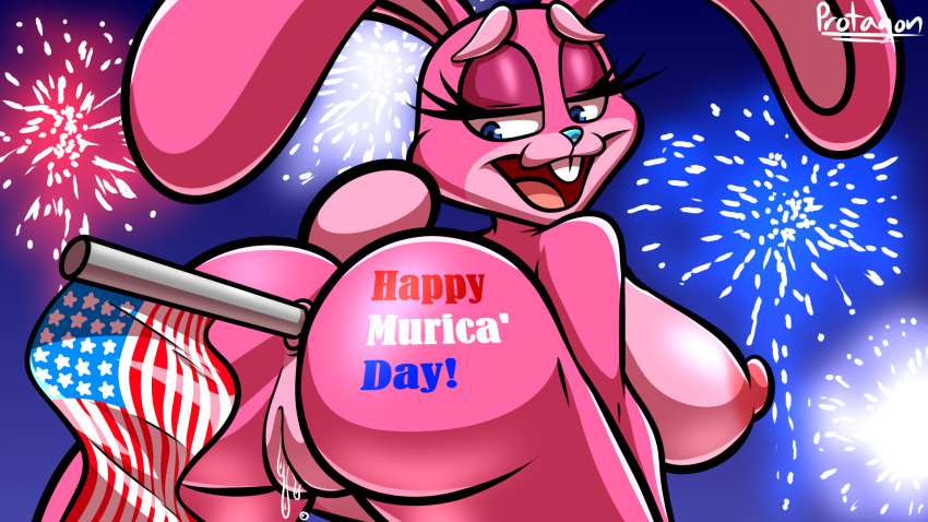 4th_of_july anal anal_masturbation anal_penetration anthro anus bent_over big_breasts big_butt bodily_fluids breasts buckteeth butt female fireworks flag genital_fluids genitals hi_res improvised_sex_toy lagomorph leporid mammal masturbation penetration pink_body protagon pussy pussy_juice rabbit solo stars_and_stripes teeth united_states_of_america