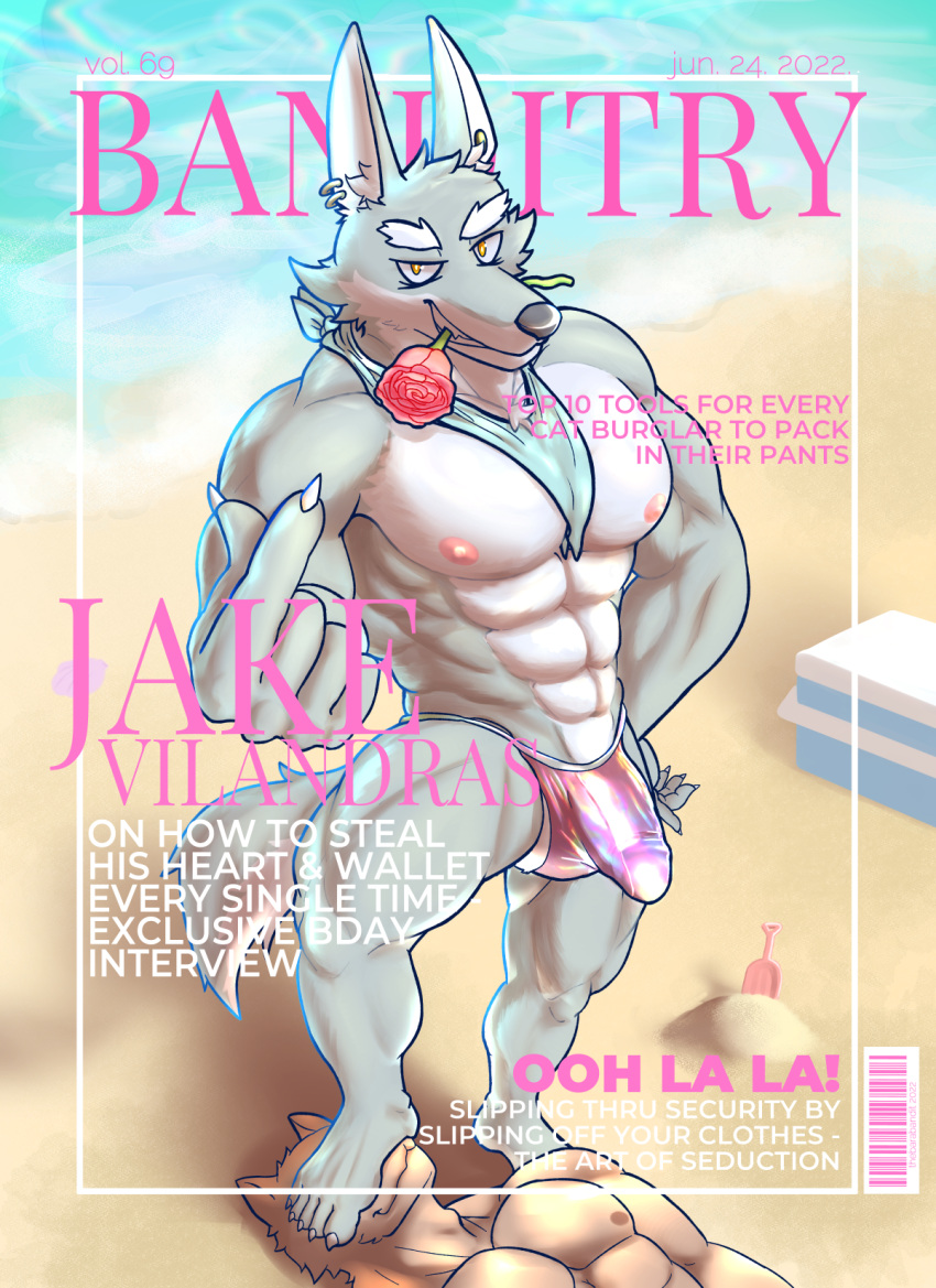 anthro bandanna beach bulge canid canine canis clothing cooler cover duo ear_piercing ear_ring english_text flower hi_res hybrid iridescent iridescent_clothing jackal jake_vilandras kerchief magazine_cover male male/male mammal nipples piercing plant ring_piercing rose_(flower) sand seaside shovel stepping_on_face text thebarabandit thong tools underwear water wolf