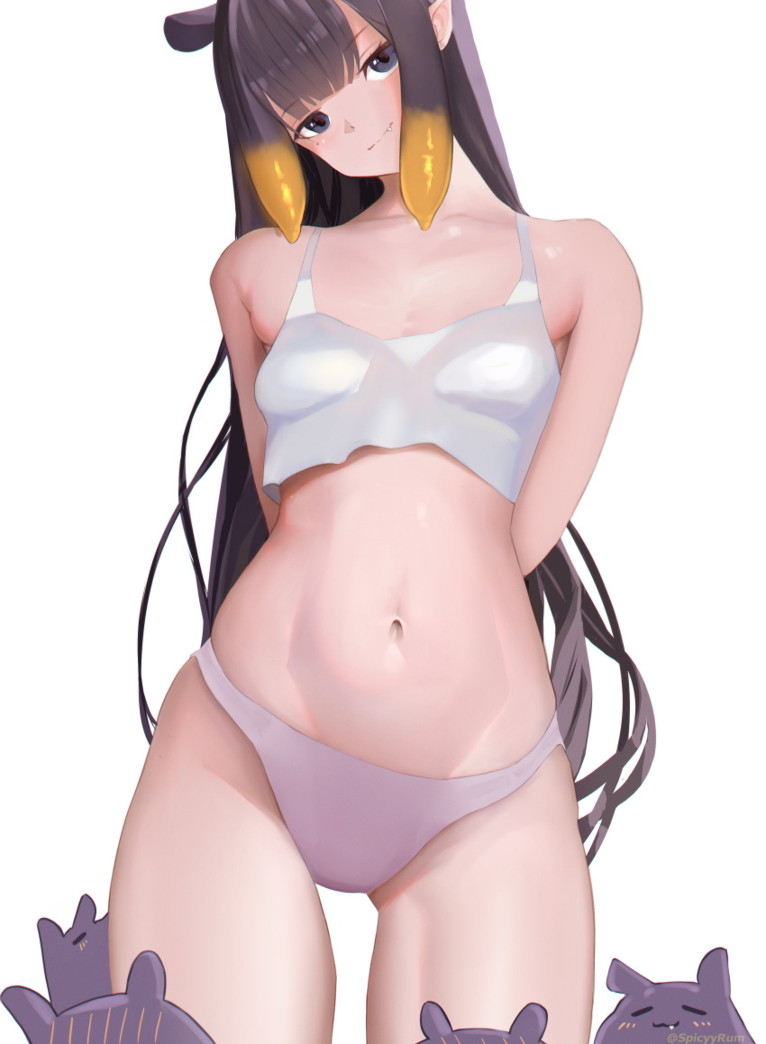1girl absurdres arms_behind_back back_hair blush breasts collarbone english_commentary fang fang_out hair_behind_ear head_tilt highres hololive hololive_english long_hair looking_at_viewer navel ninomae_ina'nis panties pointy_ears purple_eyes purple_panties small_breasts smile solo spicyyrum stomach tako_(ninomae_ina'nis) tentacle_hair underwear very_long_hair virtual_youtuber white_background