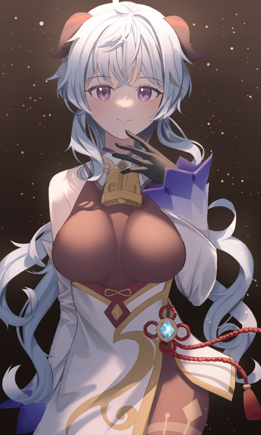 1girl absurdres bangs bare_shoulders bell black_gloves blue_hair blush breasts brown_legwear chinese_knot detached_sleeves eunbilove12 flower_knot ganyu_(genshin_impact) genshin_impact gloves gold_trim hand_to_own_mouth highres horns long_hair looking_at_viewer medium_breasts neck_bell purple_eyes sidelocks smile solo tassel thighlet vision_(genshin_impact) white_sleeves