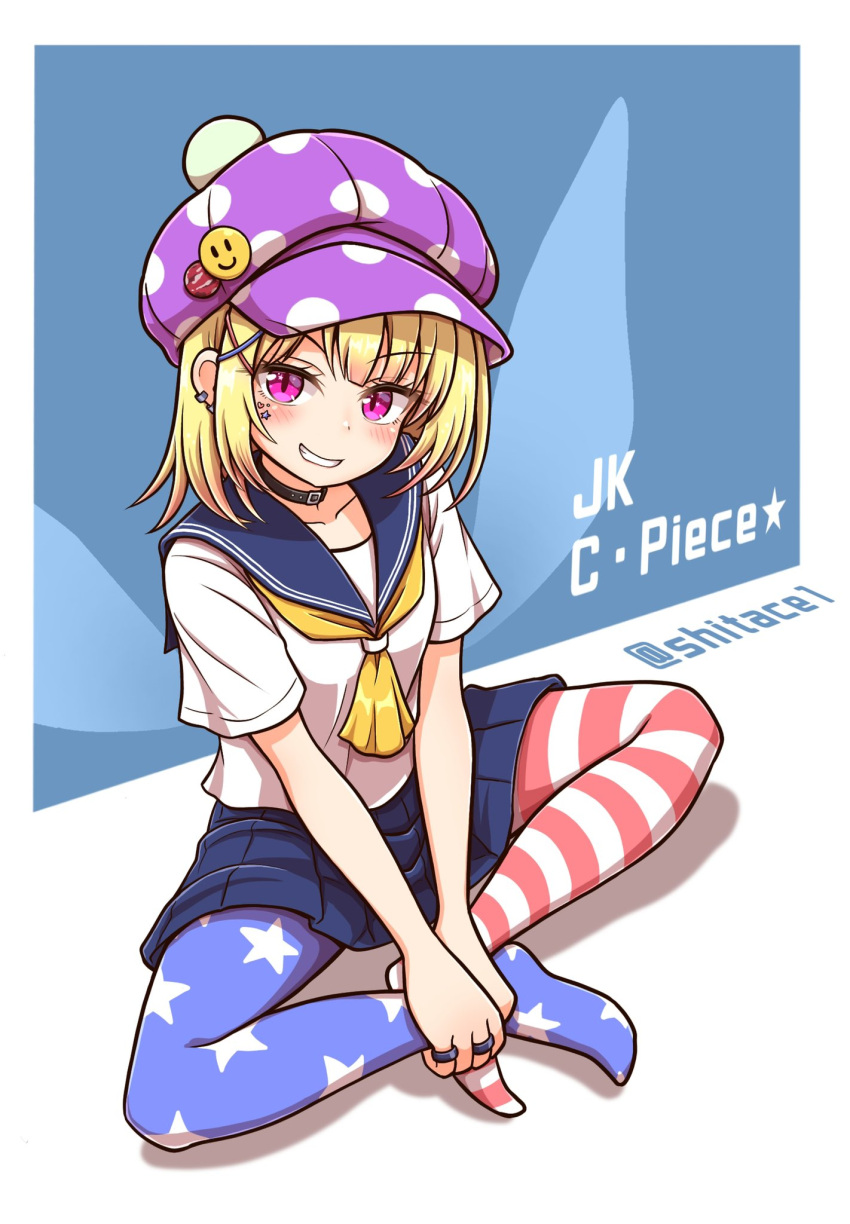 1girl alternate_costume alternate_hair_length alternate_hairstyle american_flag_legwear artist_name ascot bangs beret black_choker blonde_hair blue_background blue_skirt blush border breasts choker closed_mouth clownpiece collarbone commentary_request earrings english_text eyes_visible_through_hair fairy_wings hair_ornament hairpin hat hat_ornament heart highres jewelry looking_to_the_side medium_breasts miniskirt no_shoes outside_border pantyhose pink_eyes polka_dot purple_headwear ring sailor_collar school_uniform shirt shitacemayo short_hair short_sleeves simple_background sitting skirt smile smiley_face solo star_(symbol) star_in_eye star_print striped striped_legwear symbol_in_eye tattoo teeth touhou underworld_(ornament) v-shaped_eyebrows white_border white_shirt wings yellow_ascot