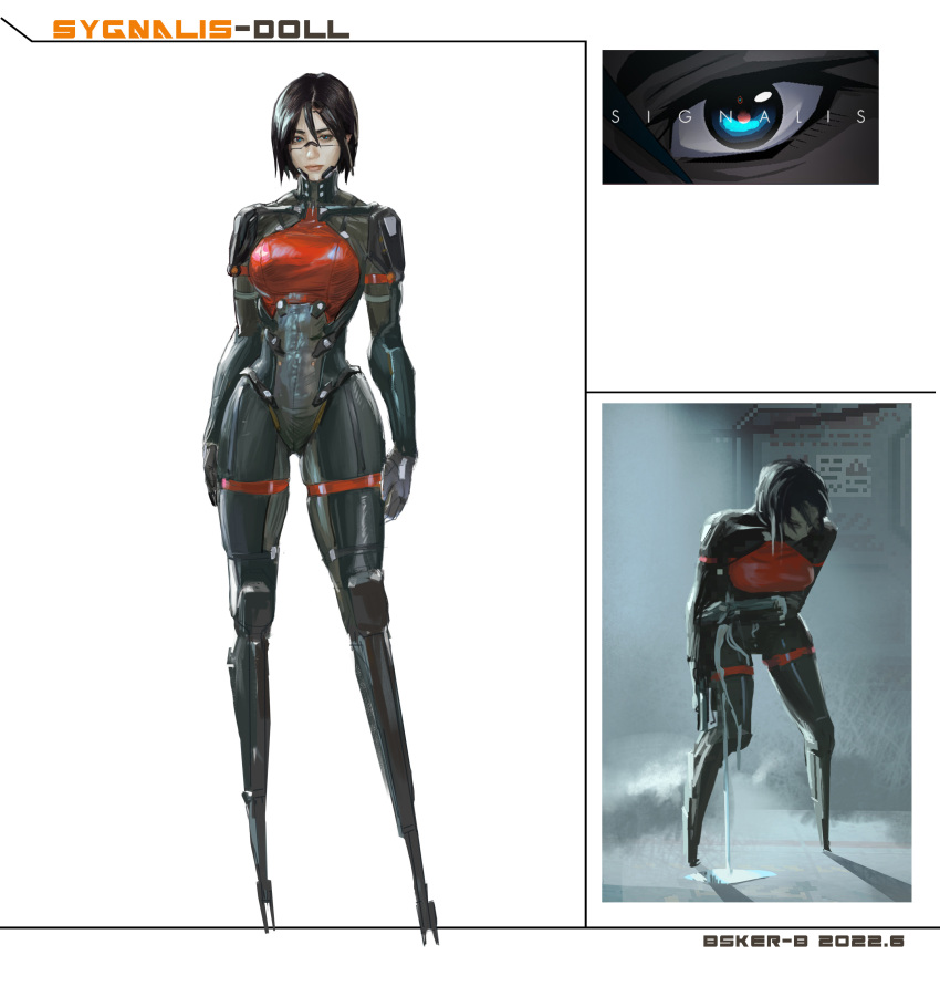 1girl absurdres android arms_at_sides artist_name beaskie black_hair blue_eyes damaged dated elster_(signalis) english_commentary english_text full_body highres joints mixed-language_commentary no_feet robot_joints short_hair signalis standing white_background