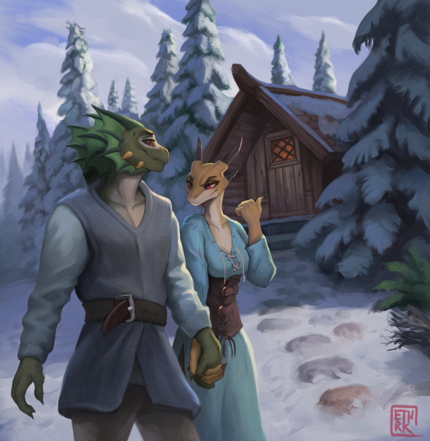 2022 anthro argonian bethesda_softworks cabin clothed clothing detailed_background duo ethrk female hand_gesture hand_holding male outside scalie signature skyrim smile snow spikes spikes_(anatomy) the_elder_scrolls video_games winter