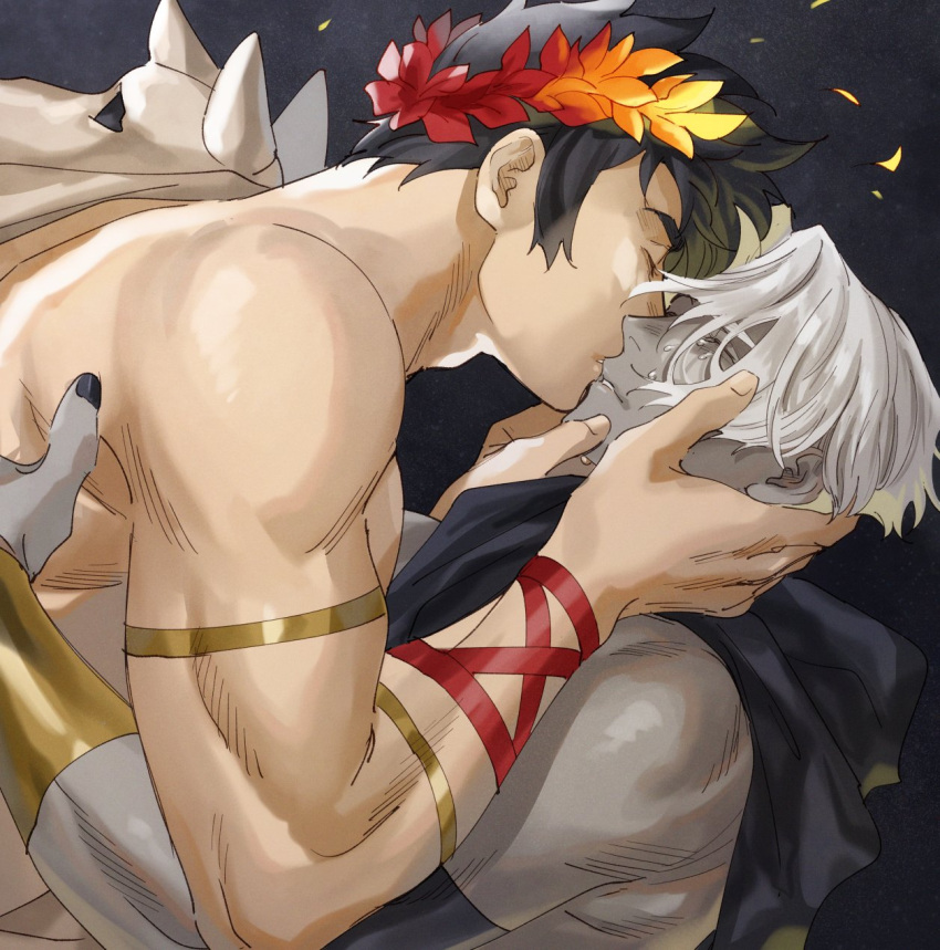 2boys black_hair black_nails closed_eyes dark-skinned_male dark_skin greek_clothes hades_(game) hands_on_another's_face highres hood hood_down kiss laurel_crown male_focus multiple_boys neko_(umkbtya) skull tears thanatos_(hades) white_hair yaoi zagreus_(hades)