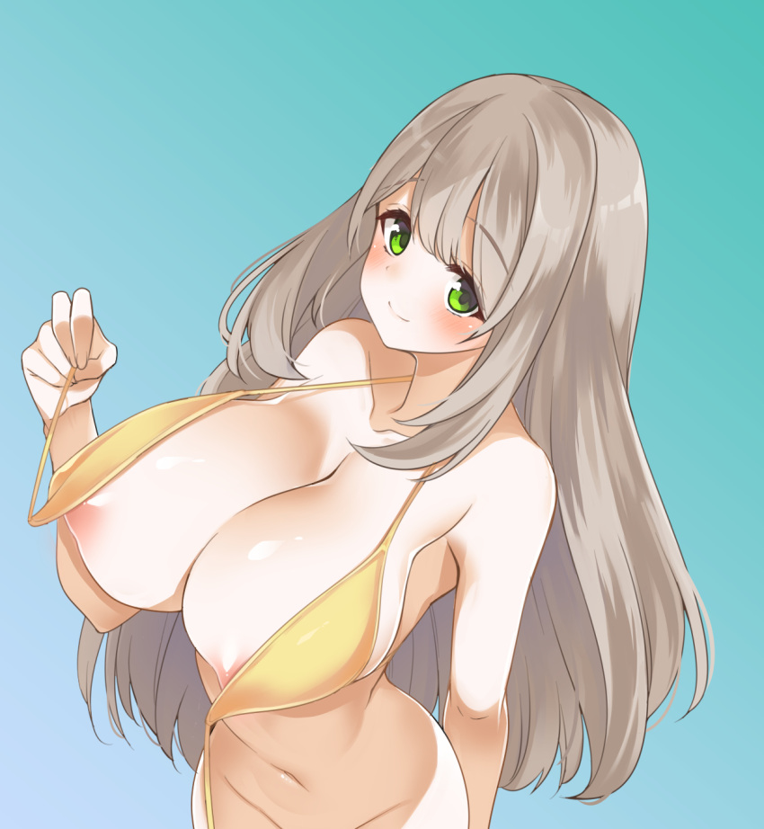 1girl areola_slip bangs bikini blue_archive bottomless breasts front-tie_bikini front-tie_top gokubuto_mayuge gradient gradient_background green_eyes highres large_breasts light_brown_hair looking_at_viewer navel nonomi_(blue_archive) nonomi_(swimsuit)_(blue_archive) official_alternate_costume out-of-frame_censoring solo swept_bangs swimsuit untied untied_bikini yellow_bikini