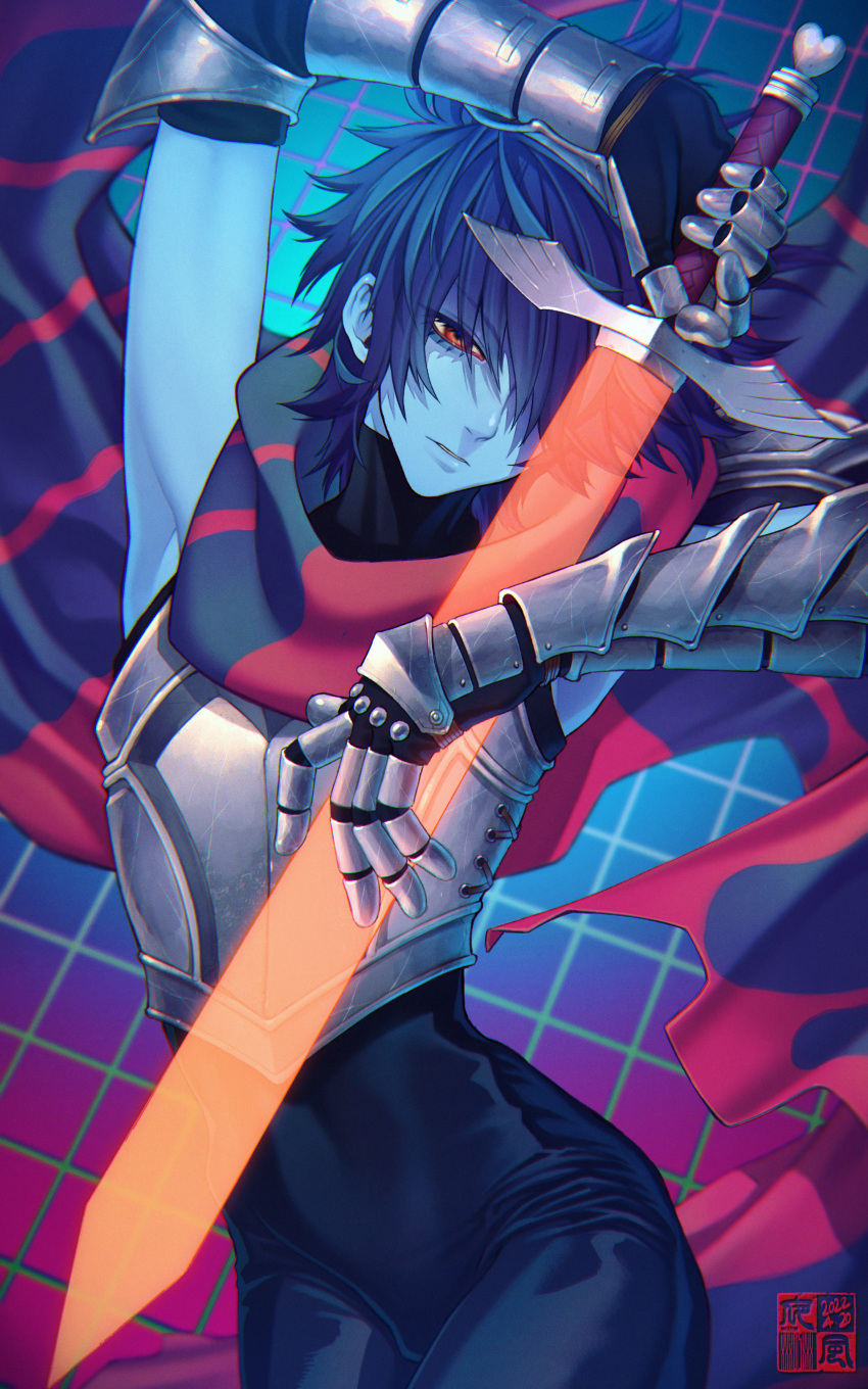 1other absurdres arm_up armor black_bodysuit black_scarf blue_hair blue_skin bodysuit chain-link_fence colored_skin deltarune fence gauntlets gradient gradient_background hair_over_one_eye highres holding holding_weapon kris_(deltarune) red_eyes red_scarf scarf simple_background sword two-tone_scarf watermark weapon yokaze_(xxxdisxxx)