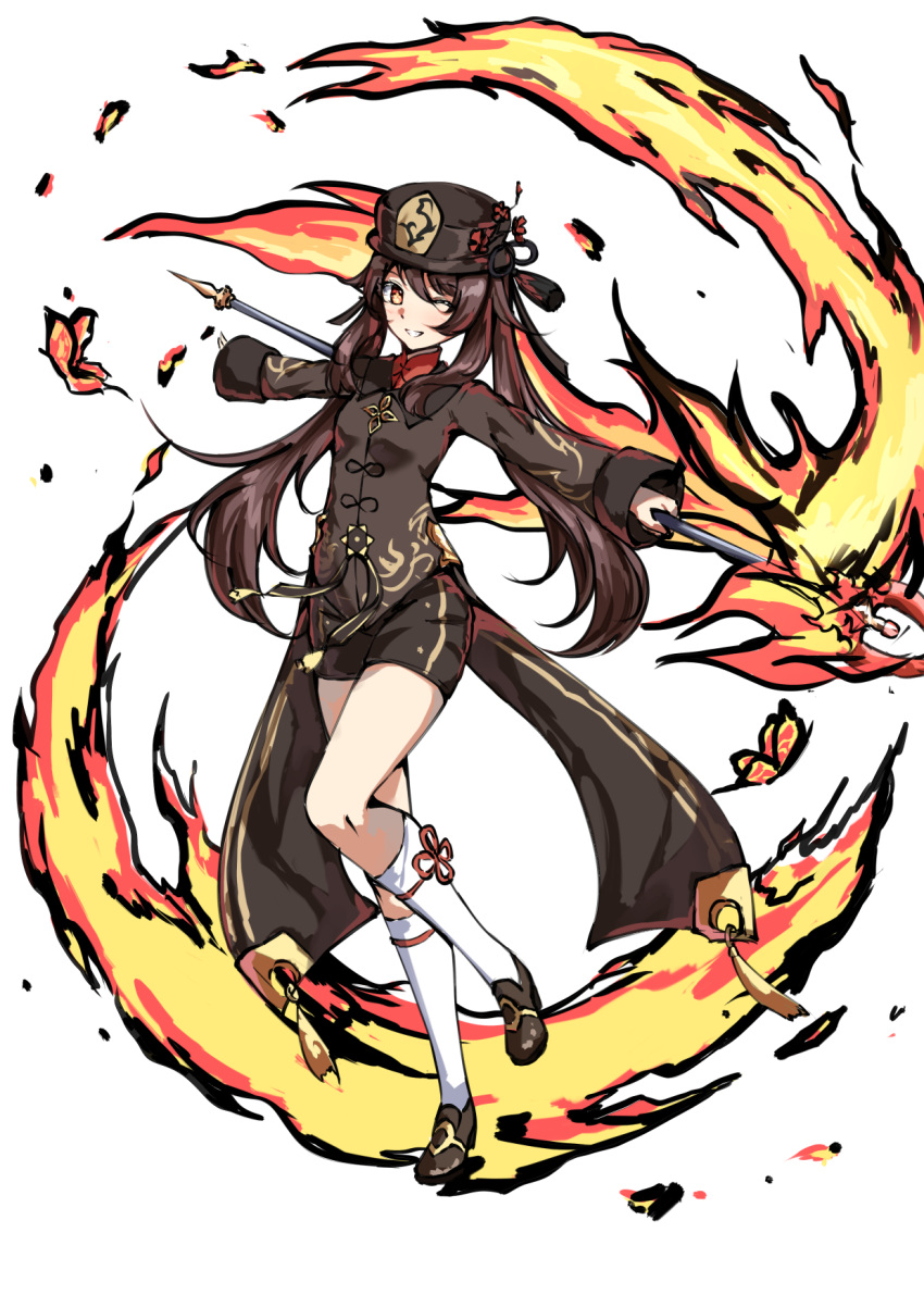 1girl black_footwear black_headwear black_jacket black_shorts breasts brown_hair chahei fire full_body genshin_impact grin hat highres holding holding_staff hu_tao_(genshin_impact) jacket long_hair long_sleeves looking_at_viewer pyrokinesis red_eyes red_shirt shirt shoes short_shorts shorts simple_background sleeves_past_wrists small_breasts smile socks solo staff standing standing_on_one_leg twintails very_long_hair white_background white_legwear