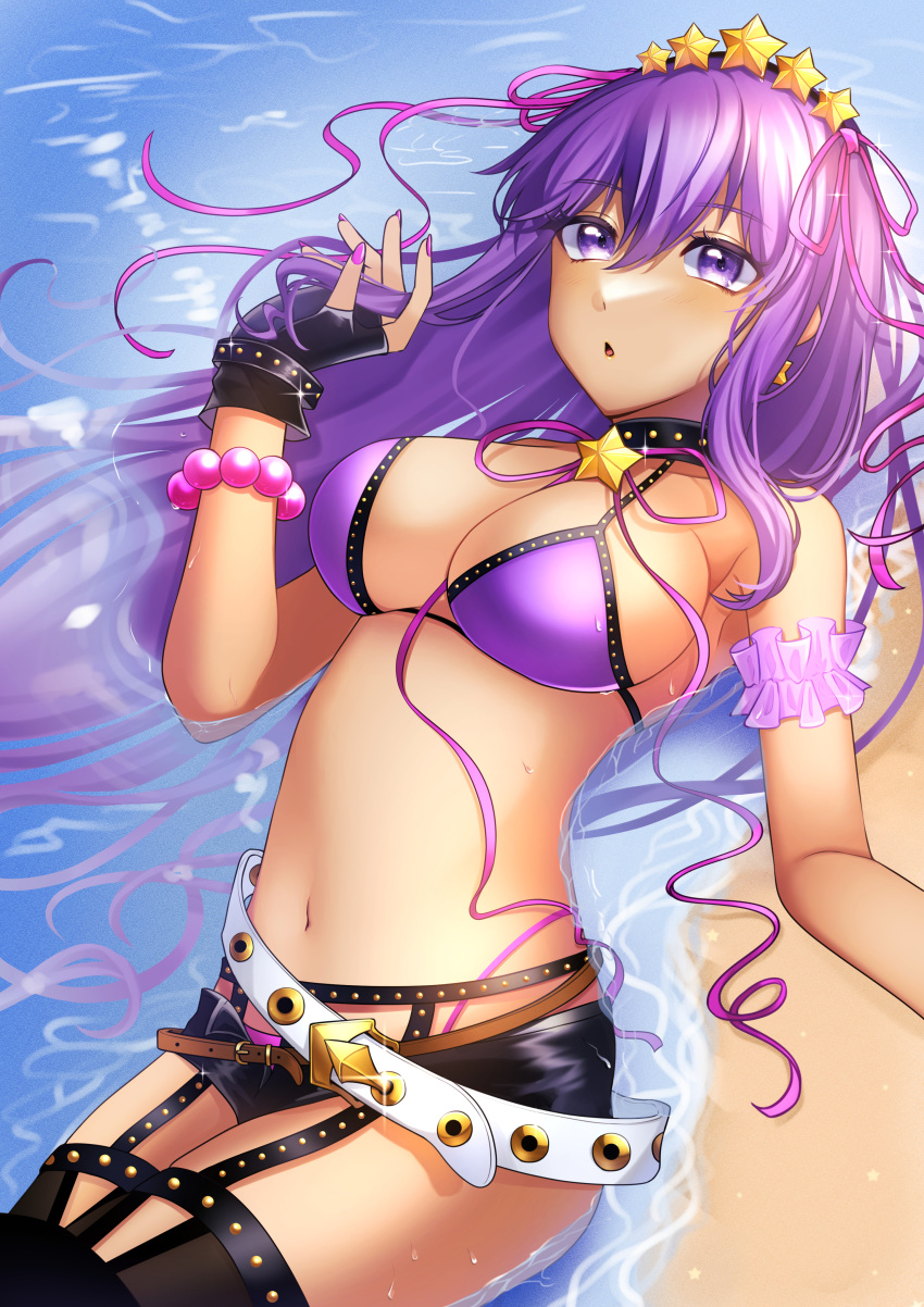 1girl :o absurdres bangs bare_shoulders bb_(fate) bb_(swimsuit_mooncancer)_(fate) bb_(swimsuit_mooncancer)_(second_ascension)_(fate) beach bead_bracelet beads belt bikini black_garter_belt black_gloves black_legwear black_shorts blush bracelet breasts cleavage collarbone dark-skinned_female dark_skin fate/grand_order fate_(series) fingerless_gloves gloves hair_ornament hair_ribbon hairband highres jewelry large_breasts long_hair looking_at_viewer loose_belt lying micro_shorts navel neck_ribbon on_back open_mouth purple_bikini purple_eyes purple_hair ribbon sani_(saaanii) shore shorts solo star_(symbol) star_hair_ornament studded_garter_belt swimsuit tan thighhighs thighs very_long_hair water wet white_belt