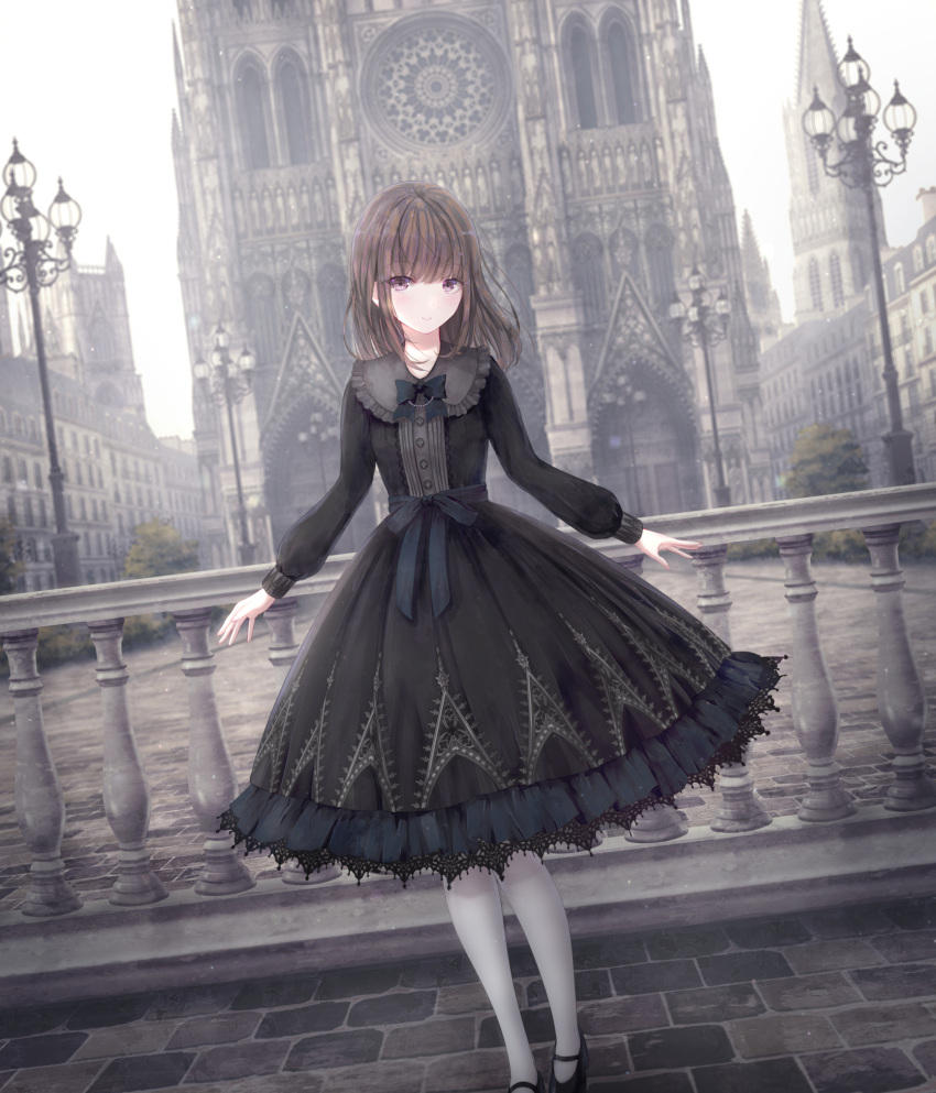 1girl bangs black_bow black_dress black_footwear bow brown_hair cathedral closed_mouth collared_dress commentary_request day dress feet_out_of_frame frilled_shirt_collar frills highres lamppost long_hair long_sleeves looking_at_viewer missile228 original outdoors pantyhose puffy_long_sleeves puffy_sleeves purple_eyes shoes smile solo tower white_legwear