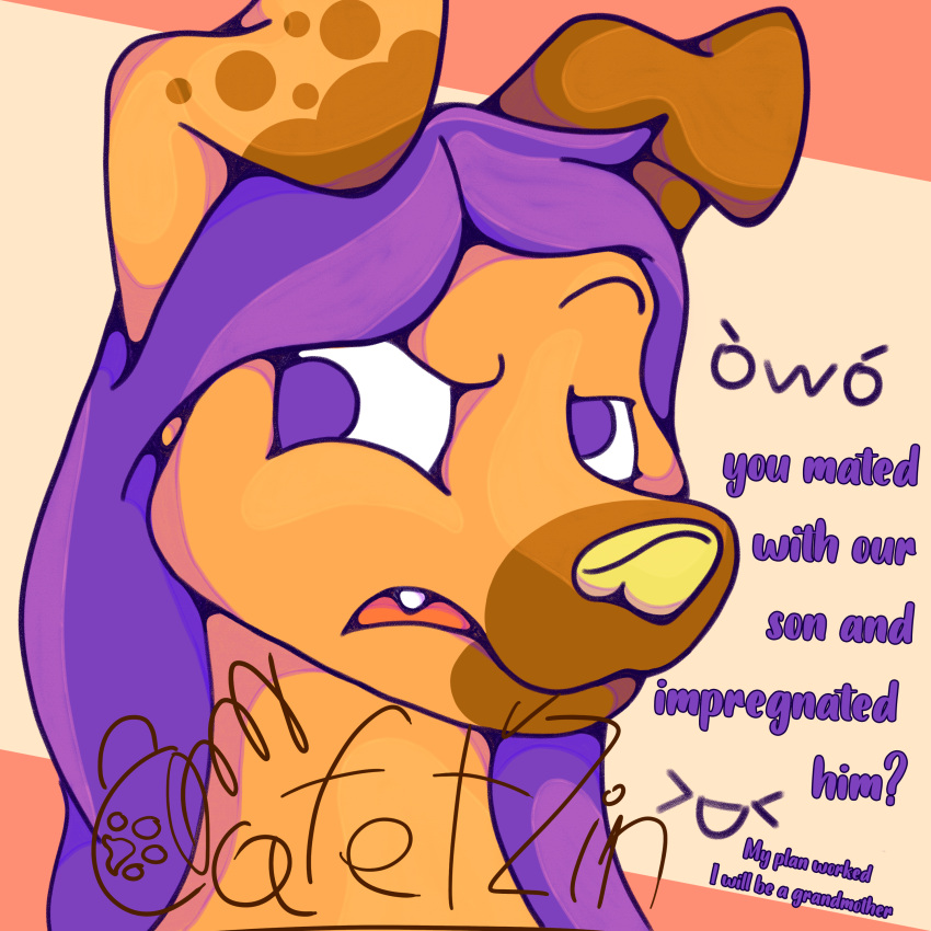 absurd_res anthro brown_body brown_fur cafet'zin_(artist) canid canine canis digital_drawing_(artwork) digital_media_(artwork) domestic_dog female floppy_ears fur hair hi_res long_hair mammal purple_eyes purple_hair secretly_loves_it shaded signature simple_background simple_shading solo spotted_ears story story_in_description tan_body tan_fur text upset yellow_nose