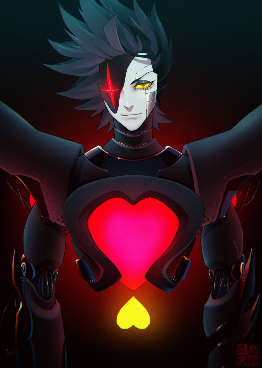 1boy absurdres android black_background black_hair colored_sclera colored_skin eyelashes eyepatch grey_skin heart highres looking_at_viewer male_focus mettaton mettaton_neo red_eyes solo spiked_hair undertale upper_body yellow_sclera yokaze_(xxxdisxxx)