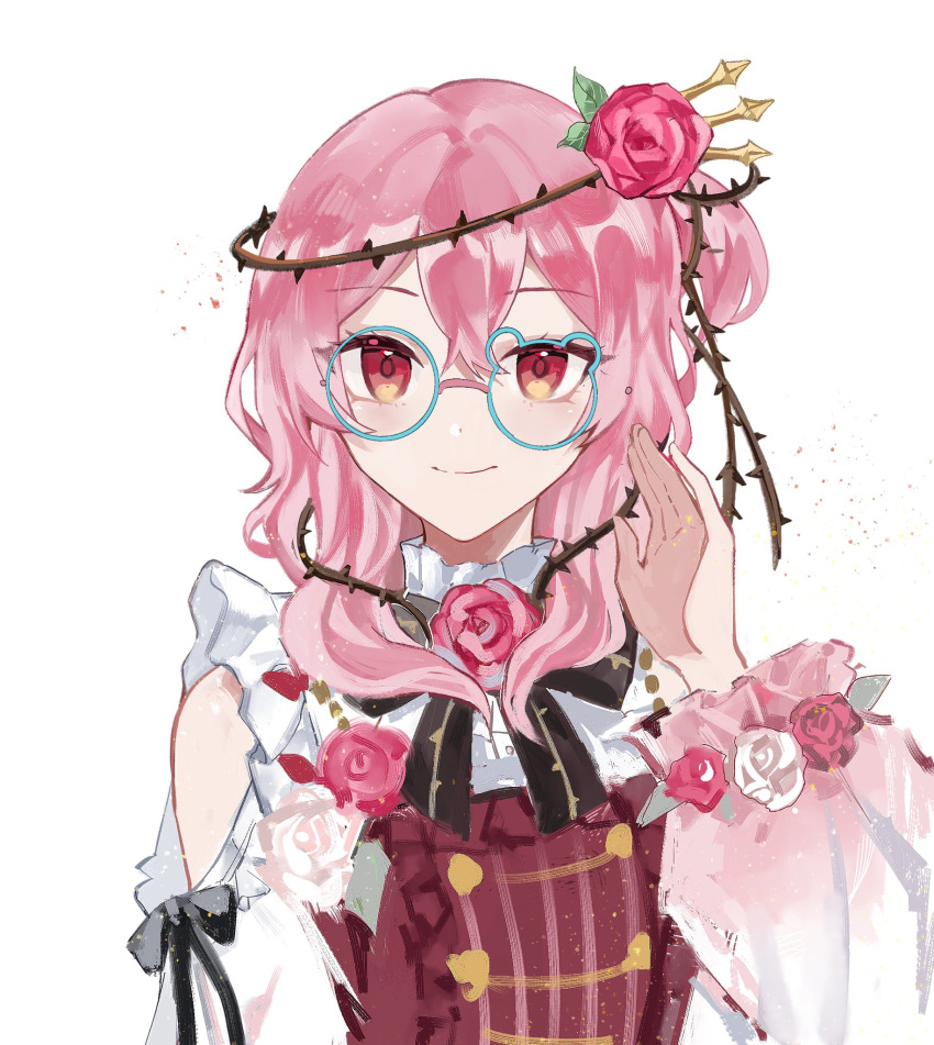 1girl bangs brown_eyes clothing_cutout dress flower glasses hair_flower hair_ornament highres looking_at_viewer nijisanji nijisanji_en niwatari_(xtgydl) open_hand pink_flower pink_hair pink_rose plant red_dress red_flower red_rose rose rosemi_lovelock round_eyewear short_sidetail shoulder_cutout smile solo thorns vines virtual_youtuber white_flower white_rose