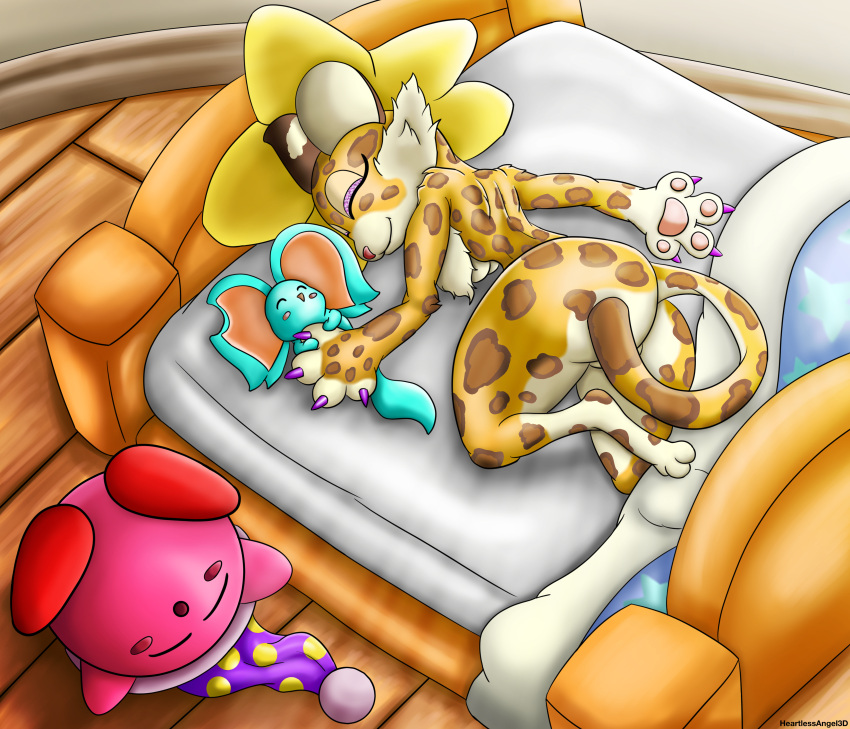 absurd_res ambiguous_gender anthro bed blush clawroline claws clothing cute_expression elfilin female feral fur furniture group hat headgear headwear heartlessangel3d hi_res kirby kirby_(series) male nintendo pawpads paws pink_body pink_skin size_difference sleeping spots spotted_body spotted_fur trio video_games