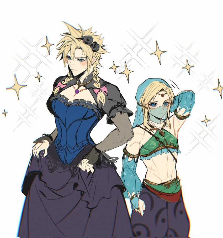 2boys blonde_hair braid bridal_gauntlets cloud_strife crossdressing crossover detached_sleeves dress duoj_ji final_fantasy final_fantasy_vii final_fantasy_vii_remake flower frilled_sleeves frills gerudo_set_(zelda) hair_flower hair_ornament halterneck harem_pants highres link multiple_boys official_alternate_costume pants sparkle spiked_hair the_legend_of_zelda the_legend_of_zelda:_breath_of_the_wild toned toned_male trait_connection twin_braids veil