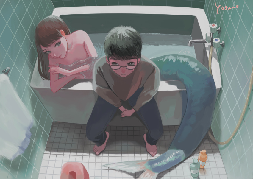 1boy 1girl absurdres artist_name bangs barefoot bath bath_stool bathing bathroom bathtub black_eyes black_hair brown_hair commentary_request completely_nude glasses highres indoors long_hair looking_at_another mermaid monster_girl nude original partially_submerged shadow short_hair sitting stool tile_floor tile_wall tiles towel towel_rack water watermark yosano