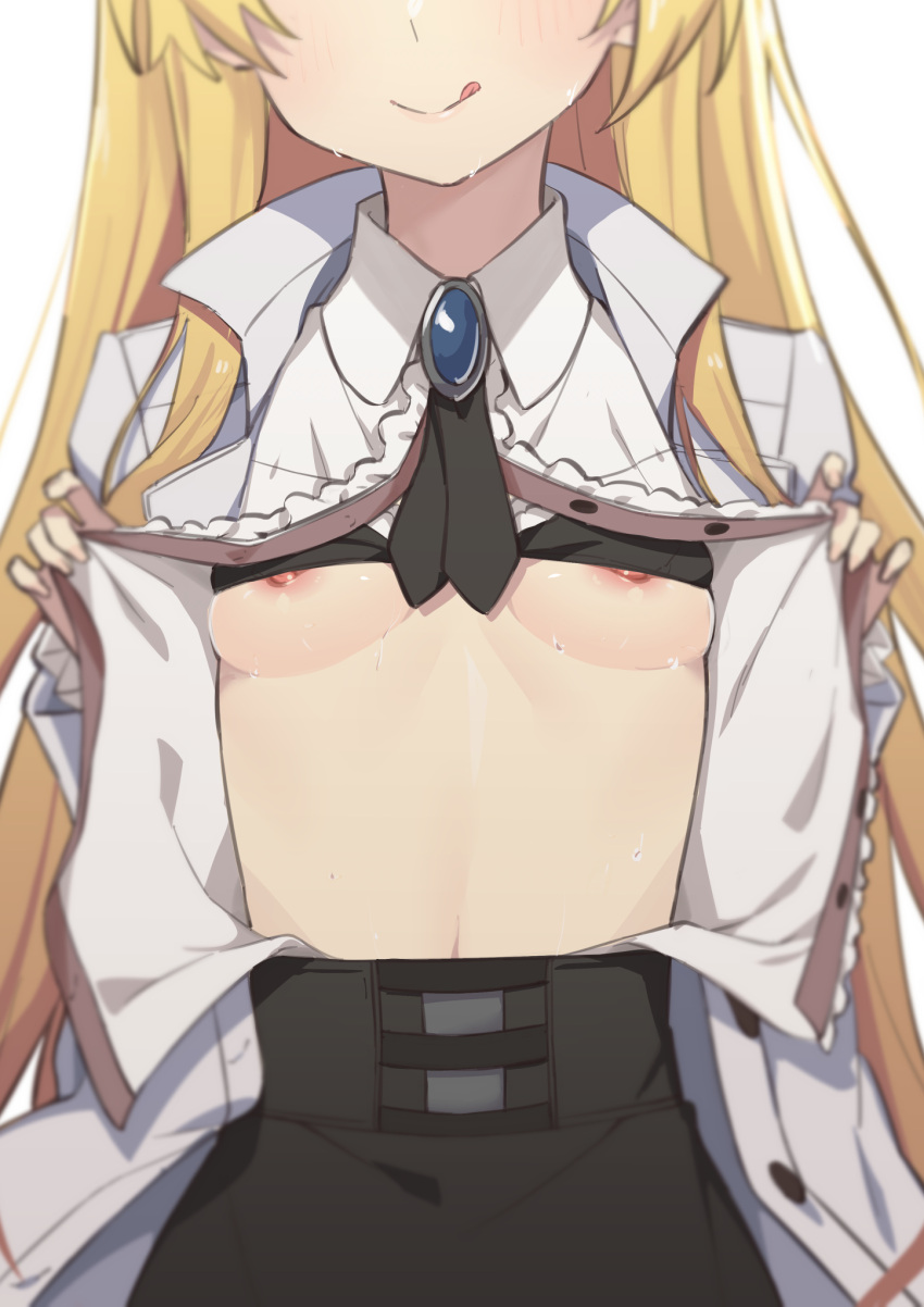 1girl arifureta_shokugyou_de_sekai_saikyou black_bra blonde_hair blush bra bra_lift breasts breasts_out head_out_of_frame highres long_hair morisobo nipples open_clothes simple_background small_breasts solo tongue tongue_out underwear white_background yue_(arifureta)
