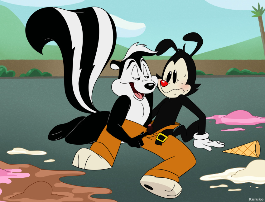 animaniacs animaniacs_(2020) anthro black_body black_fur blush bodily_fluids dessert duo embarrassed food fur genitals hi_res ice_cream inkblot kuruko looney_tunes male male/male mammal mephitid penis pep&eacute;_le_pew poking_out red_nose revealing_penis seductive skunk spilled_ice_cream sweat undressing_another warner_brothers yakko_warner