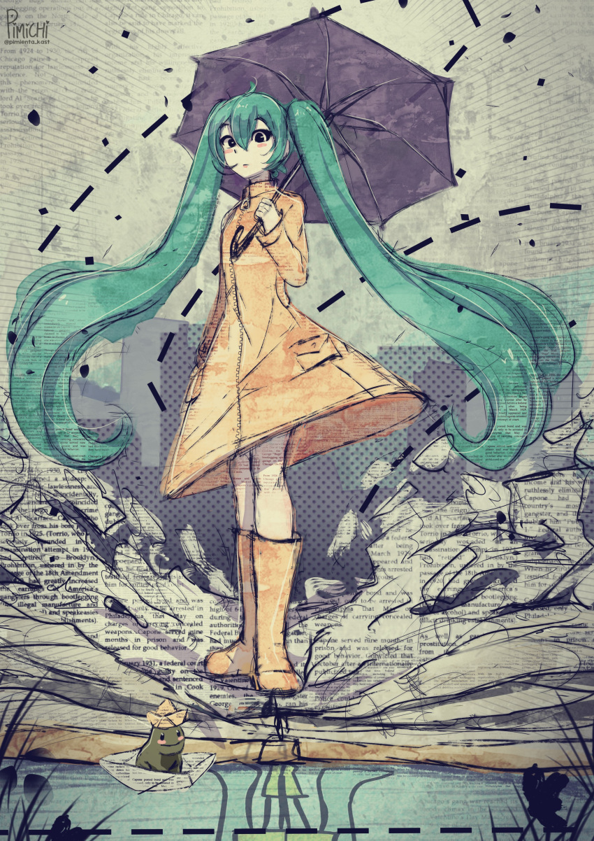 1girl absurdres aqua_hair background_text bangs boots dress frog full_body highres holding holding_umbrella long_hair pimienta_kast reflection reflective_water twintails umbrella very_long_hair vocaloid