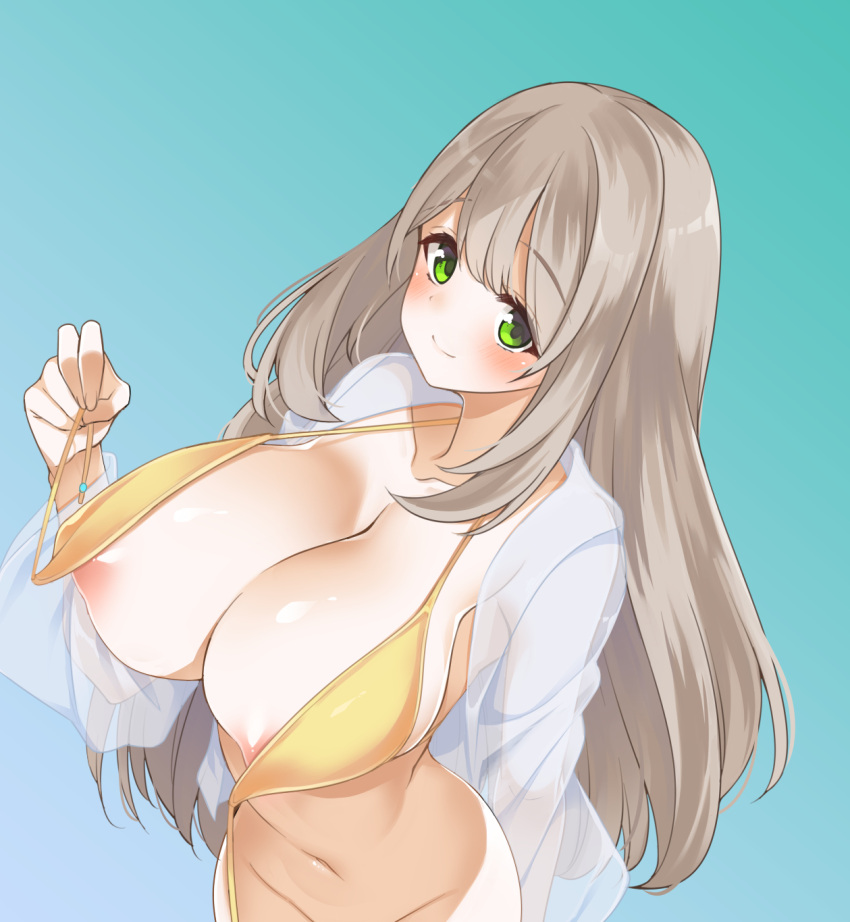 1girl areola_slip bangs bikini blue_archive bottomless breasts front-tie_bikini front-tie_top gokubuto_mayuge gradient gradient_background green_eyes highres jacket large_breasts light_brown_hair looking_at_viewer navel nonomi_(blue_archive) nonomi_(swimsuit)_(blue_archive) official_alternate_costume out-of-frame_censoring see-through see-through_jacket solo swept_bangs swimsuit untied untied_bikini yellow_bikini