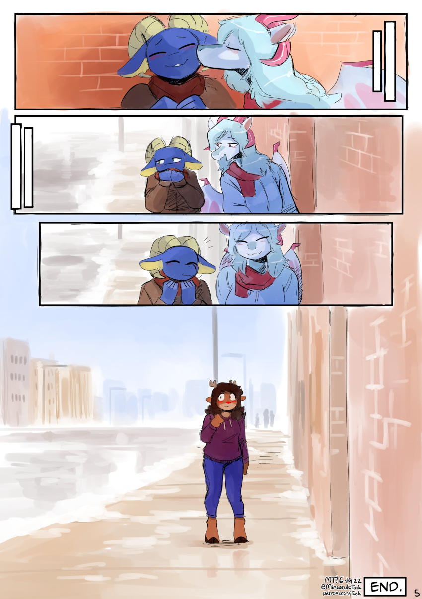 absurd_res alley building city clothed clothing comic dragon duo female female/female hair hi_res horn kissing outside rue_(the-minuscule-task) scarf street the-minuscule-task