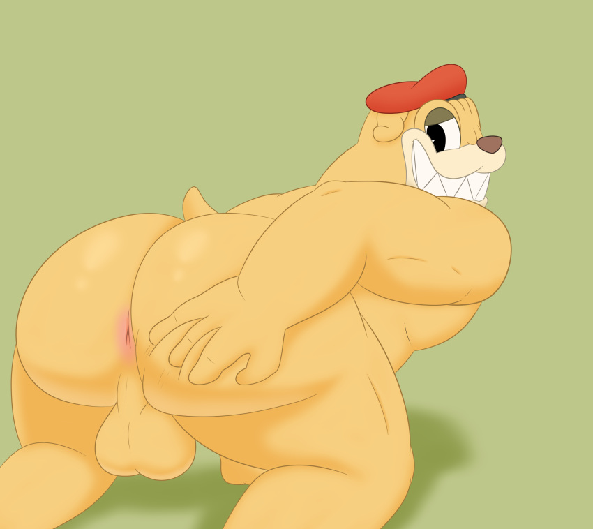 absurd_res anus balls big_balls big_butt bulldog butt canid canine canis colossalstars domestic_dog fighter_pilot_bulldog genitals grin hand_on_butt hi_res looking_back male mammal mastiff molosser nude pilot smile solo