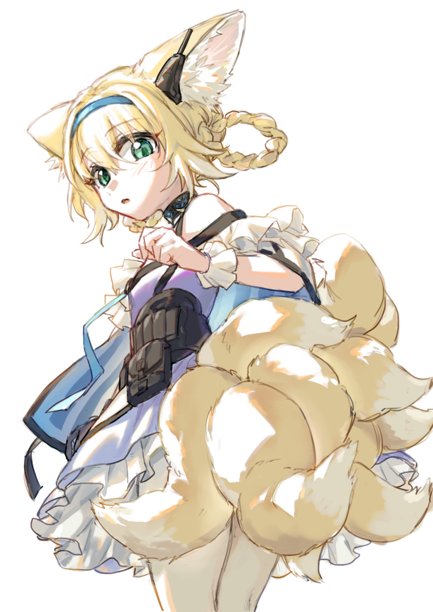 1girl :o absurdres animal_ears arknights black_collar black_vest blonde_hair blue_dress blue_hairband braid collar cowboy_shot dress earpiece fox_ears fox_girl frilled_dress frills from_behind hair_between_eyes hairband hand_up highres infection_monitor_(arknights) kistsune kyuubi long_hair looking_at_viewer looking_back multiple_tails parted_lips pouch sansenokumo simple_background single_wrist_cuff solo suzuran_(arknights) tail vest white_background white_pantyhose white_wrist_cuffs wrist_cuffs